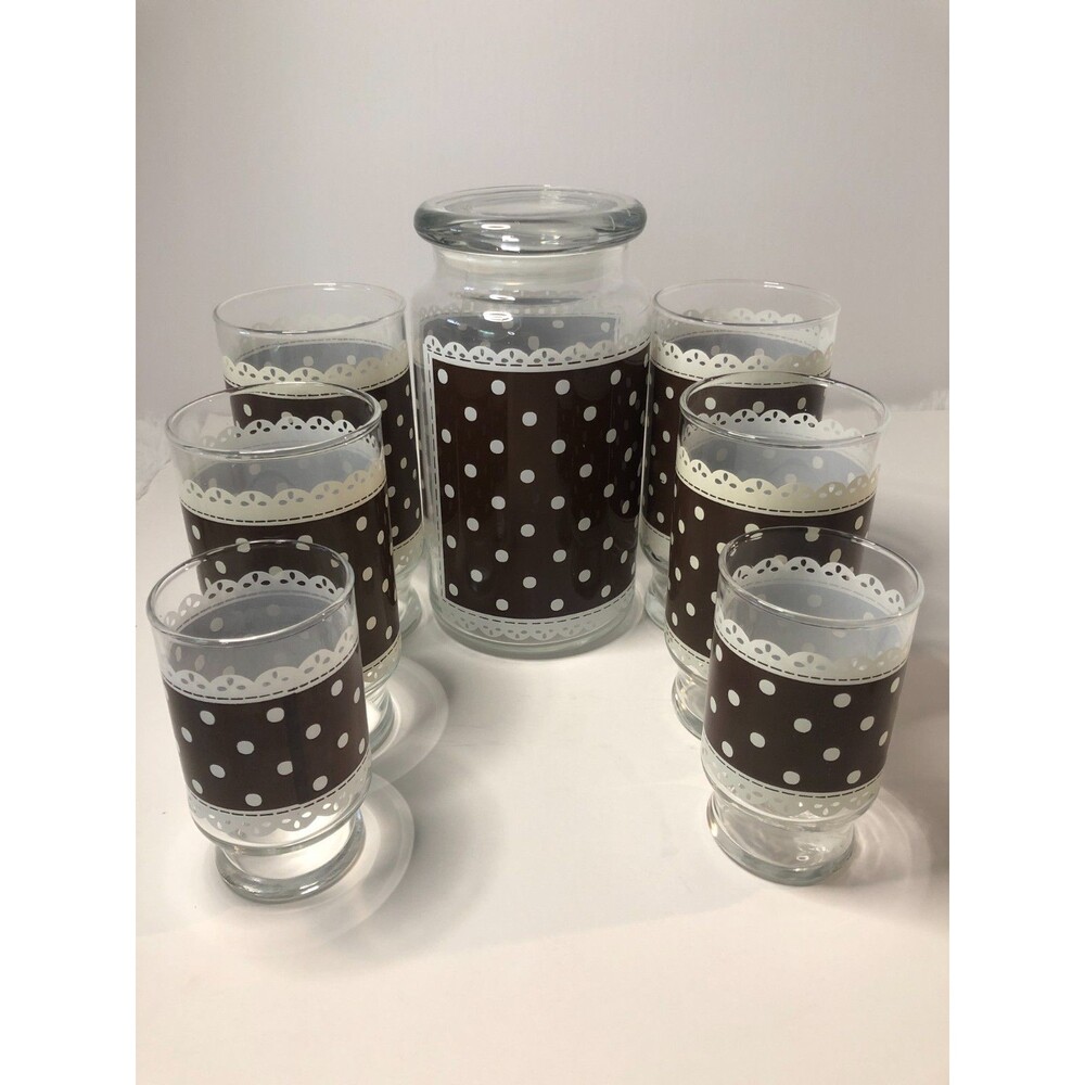 Anchor Hocking Vintage Ruffles & Dots brown/white lace trim Glasses/Canister 7pc
